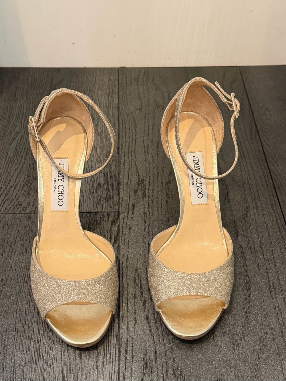 Jimmy Choo Gold Glitter Ankle-Strap Open-Toe Heels
